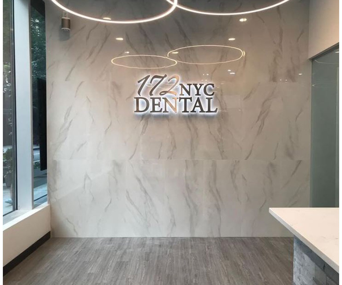 Reverse channel letters installed by Manhattan Signs for 172 NYC Dental in NYC