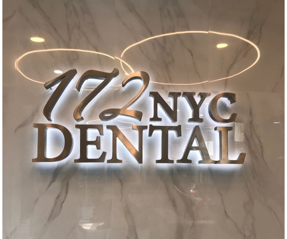 Reverse channel letters installed by Manhattan Signs for 172 NYC Dental in NYC