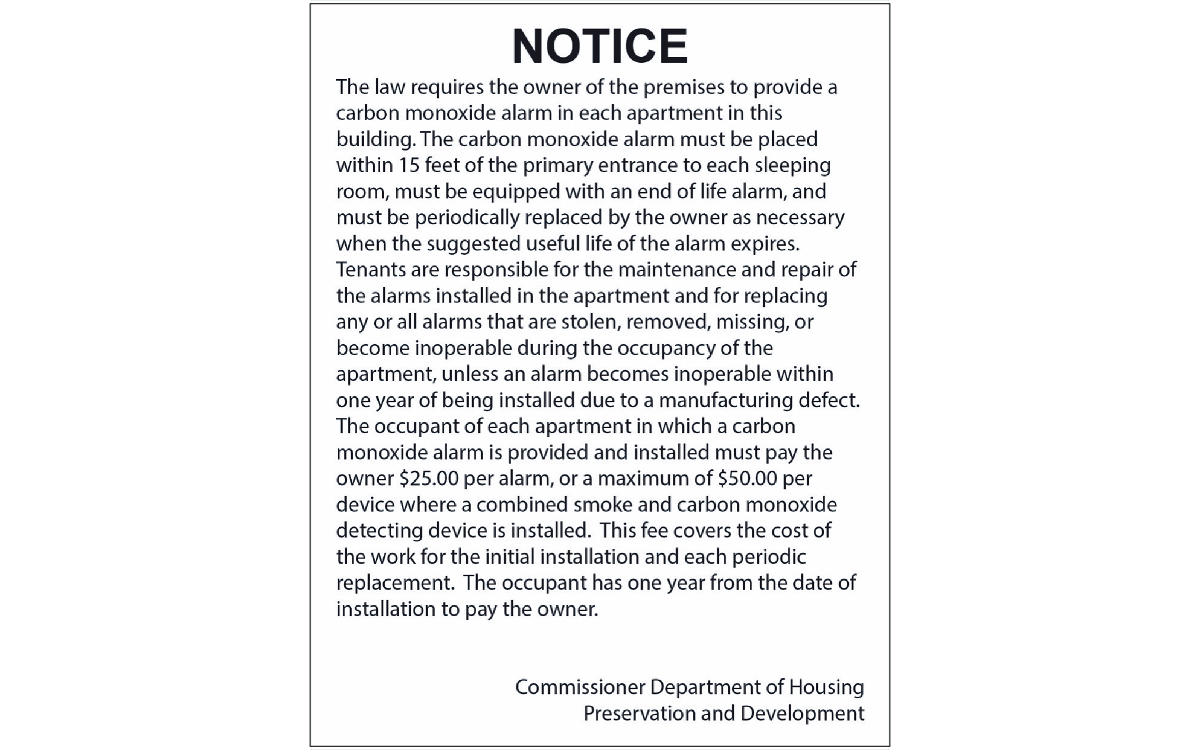 Sign 11) 8.5" x 11" - Carbon Monoxide Notice