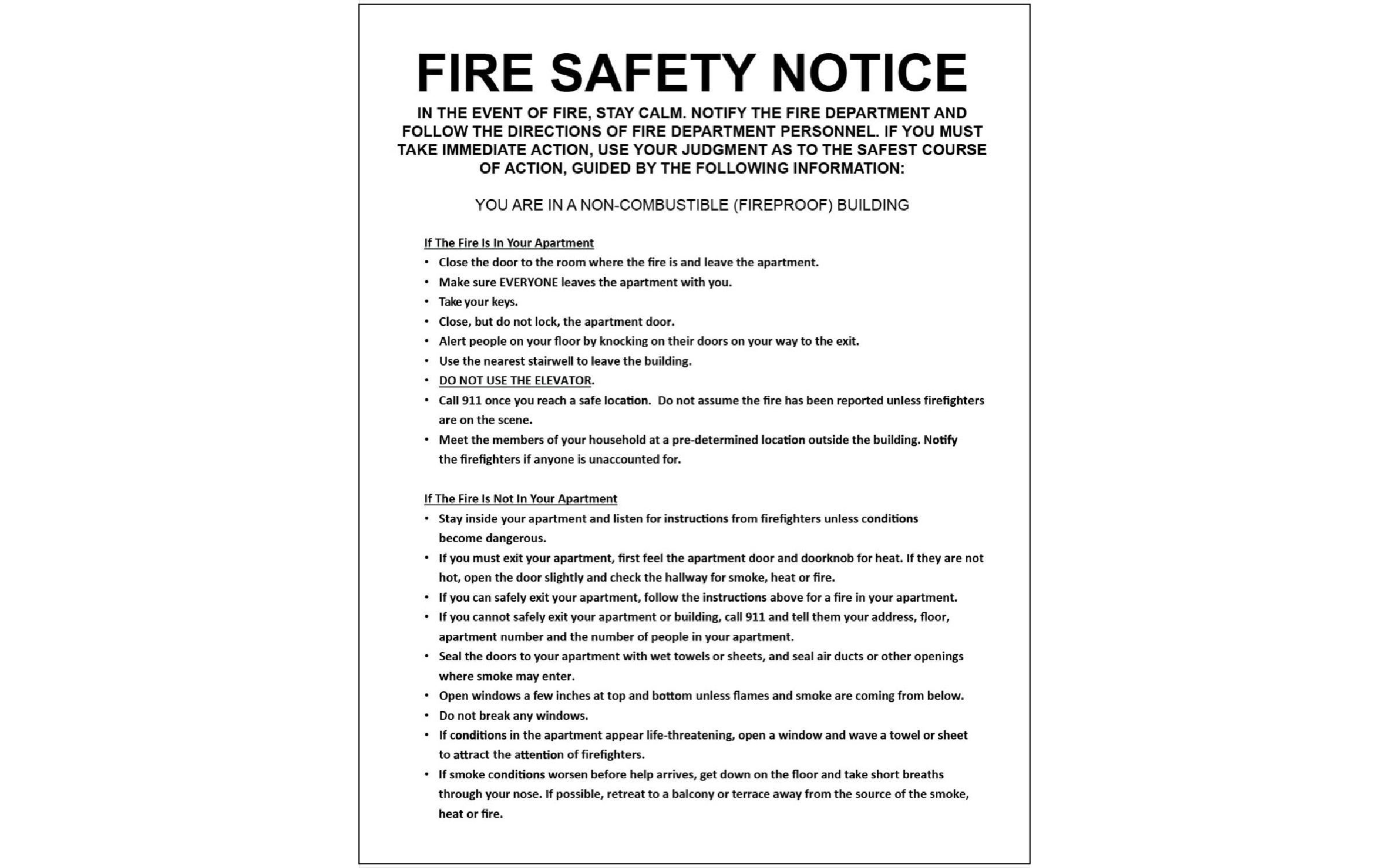 Sign 6) 8.5" x 11" NON-COMBUSTIBLE Fire Safety Notice